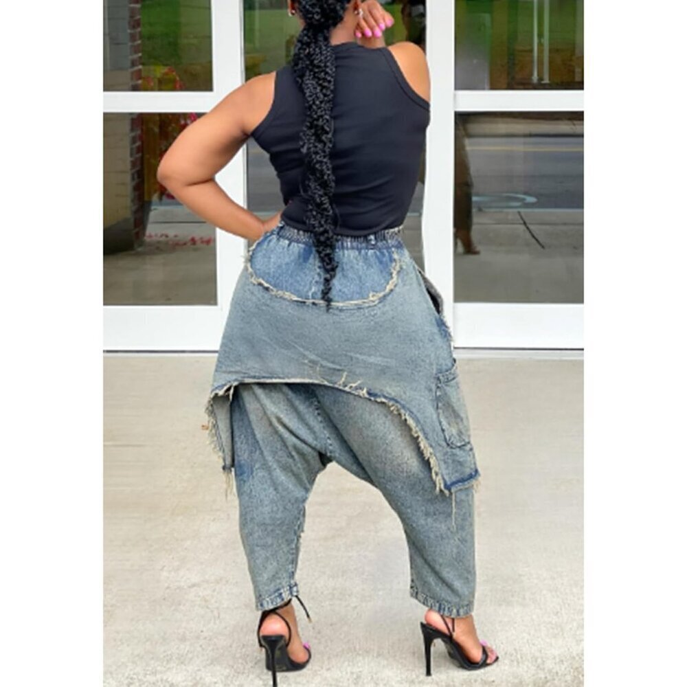 Womens Elastic Waist Wide Leg Cargo Jeans Boho Harem Capris Summer Trendy - Picture 6 of 9